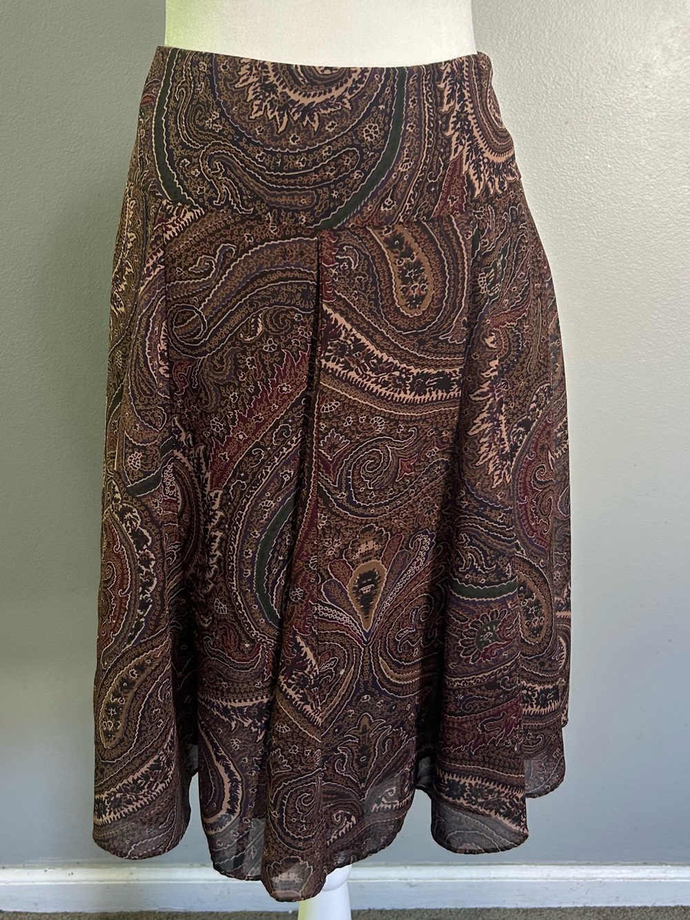 Chaps Brown Paisley A-Line Midi Skirt Chiffon Lined Flowy Sz 12